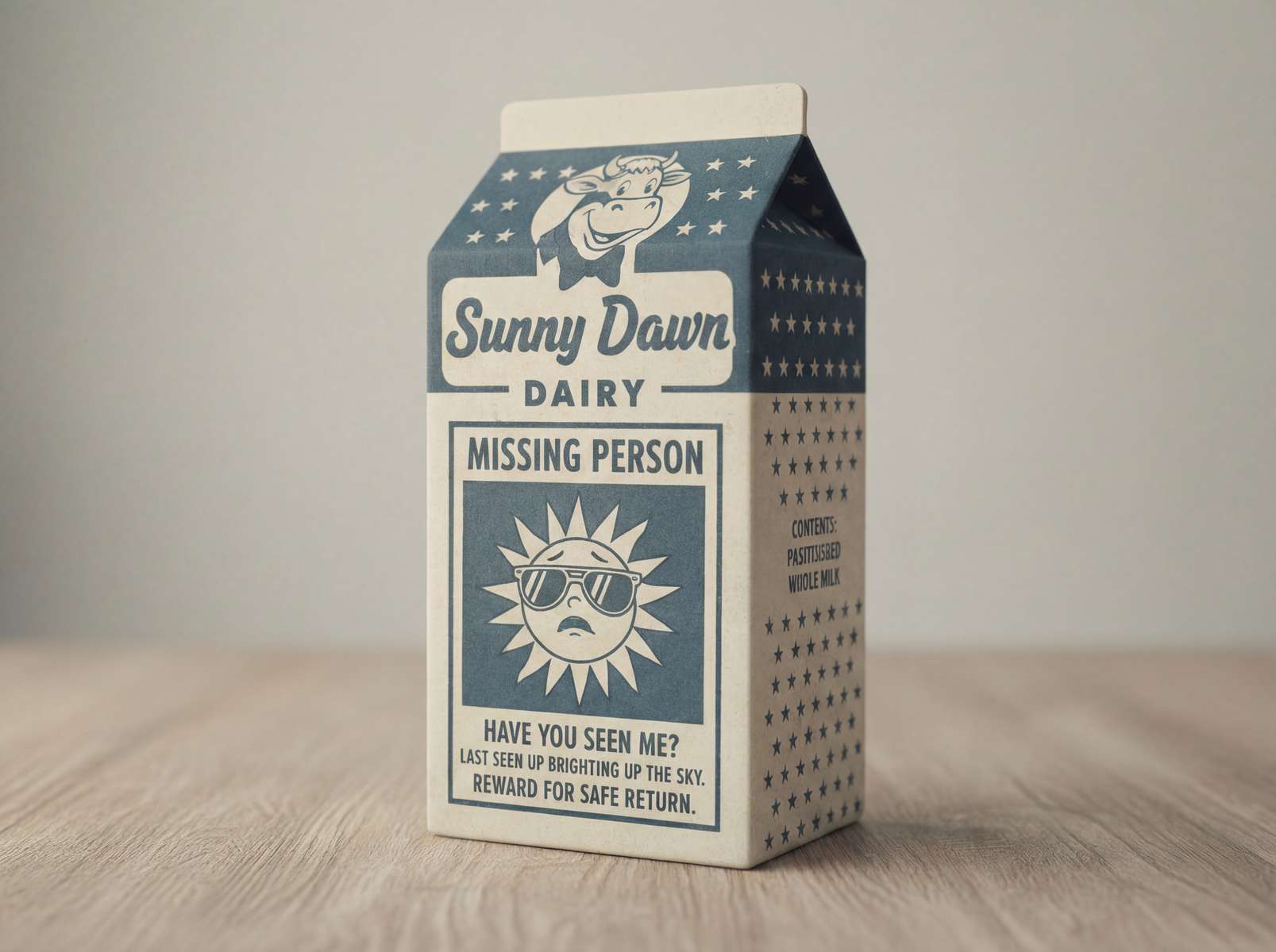 1950's style milke carton with a 'missing person' advert on the side. The missing person photo is the sun wearing sunglasses. Muted ble and white colours
