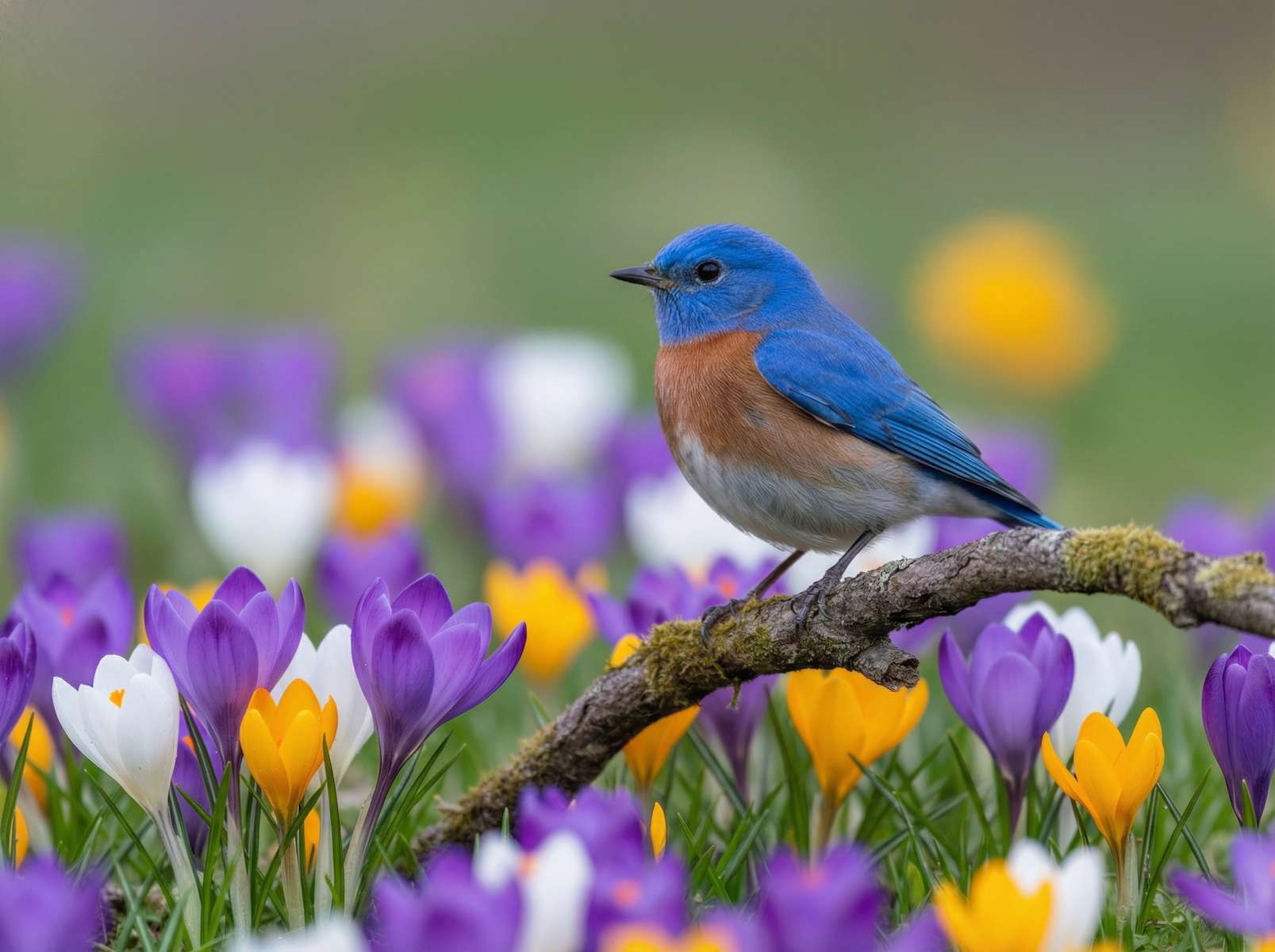 a bluebird standing in a patch of crocus