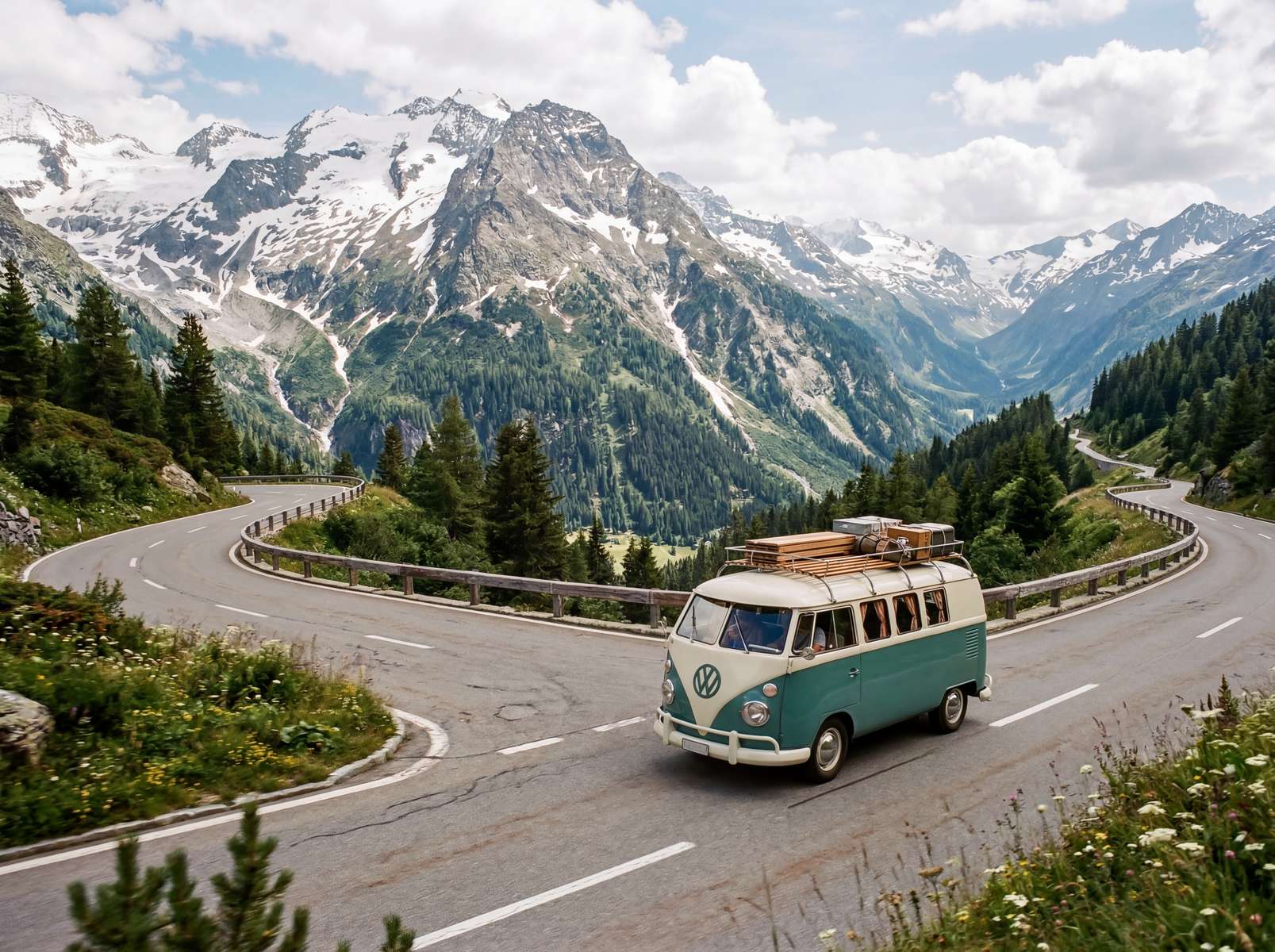 vintage vw camper van travelling along a road in a mountainous area