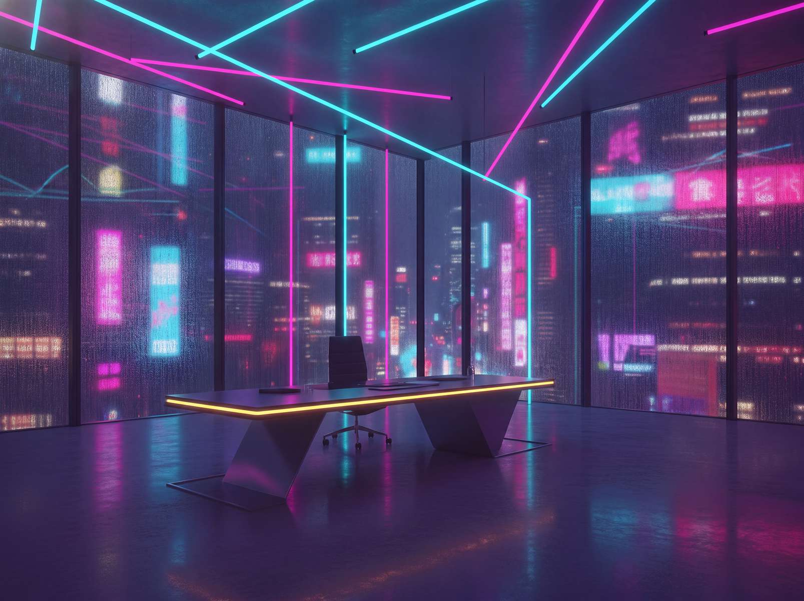 Neon Futures - inside a futuristic office overlooking a wet city, no people